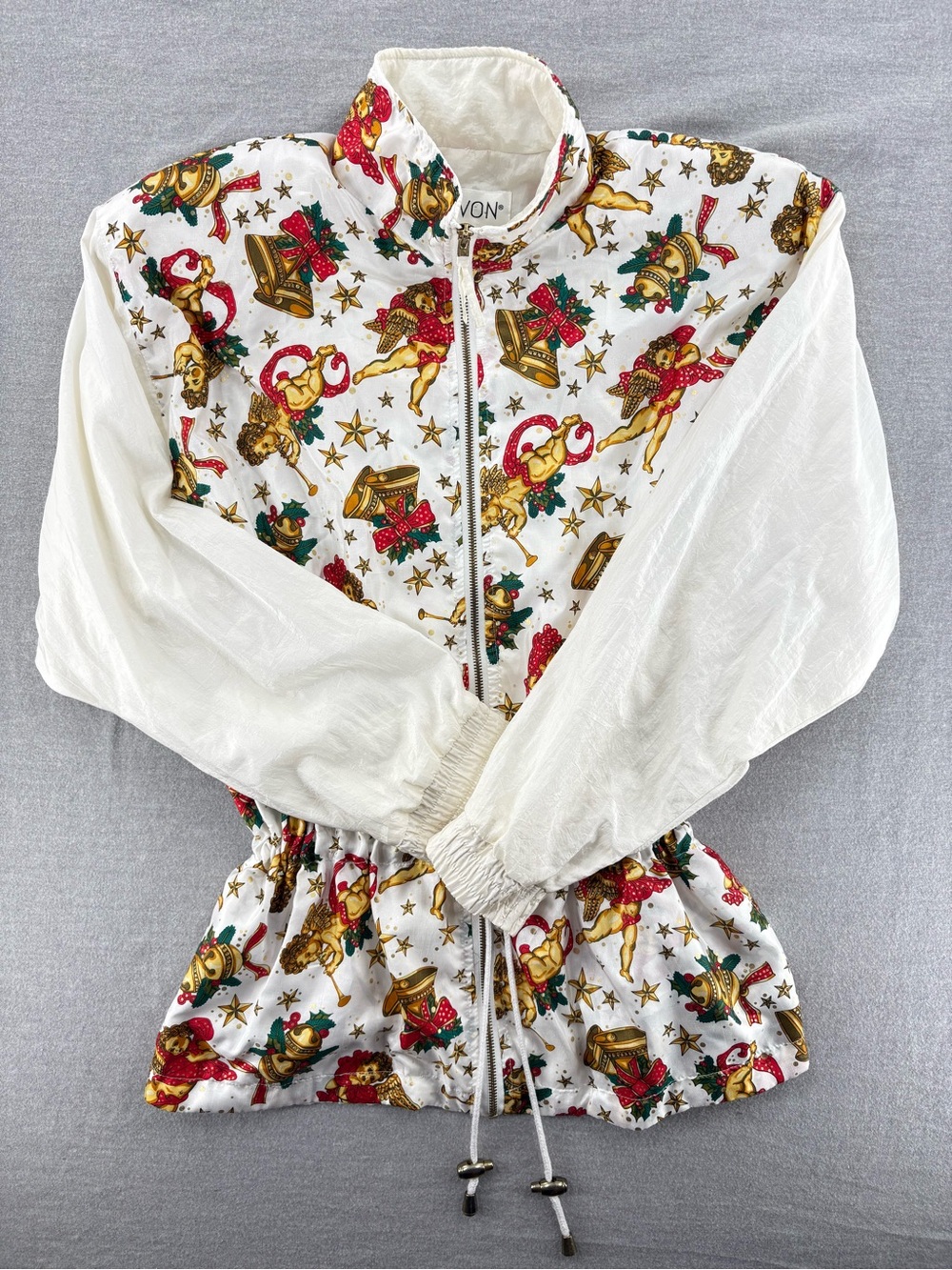 Lavon Women’s White Christmas Novelty Windbreaker Zip Front Drawstring Size S